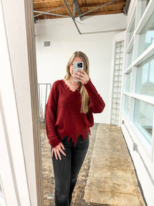 Maroon Frayed Sweater - JD Ranch Boutique