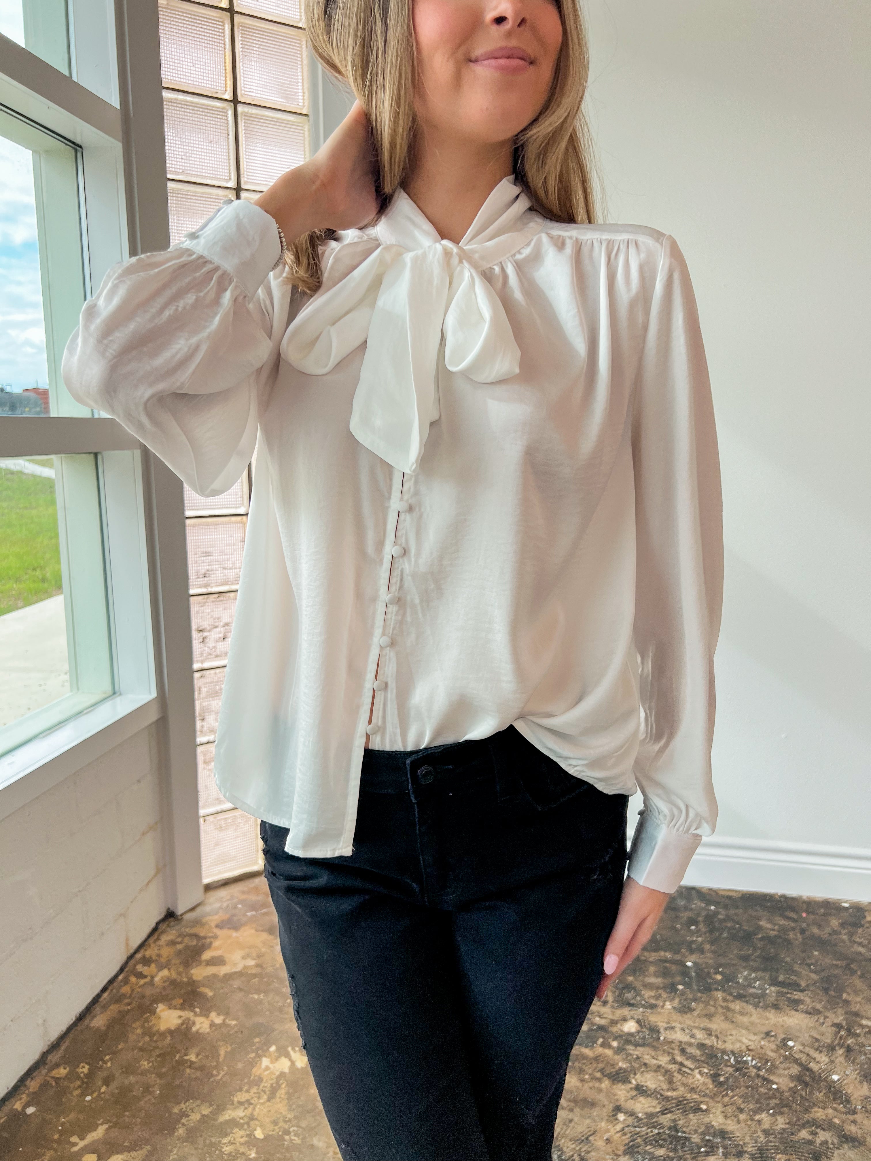 Bow Tie Blouse in White - JD Ranch Boutique